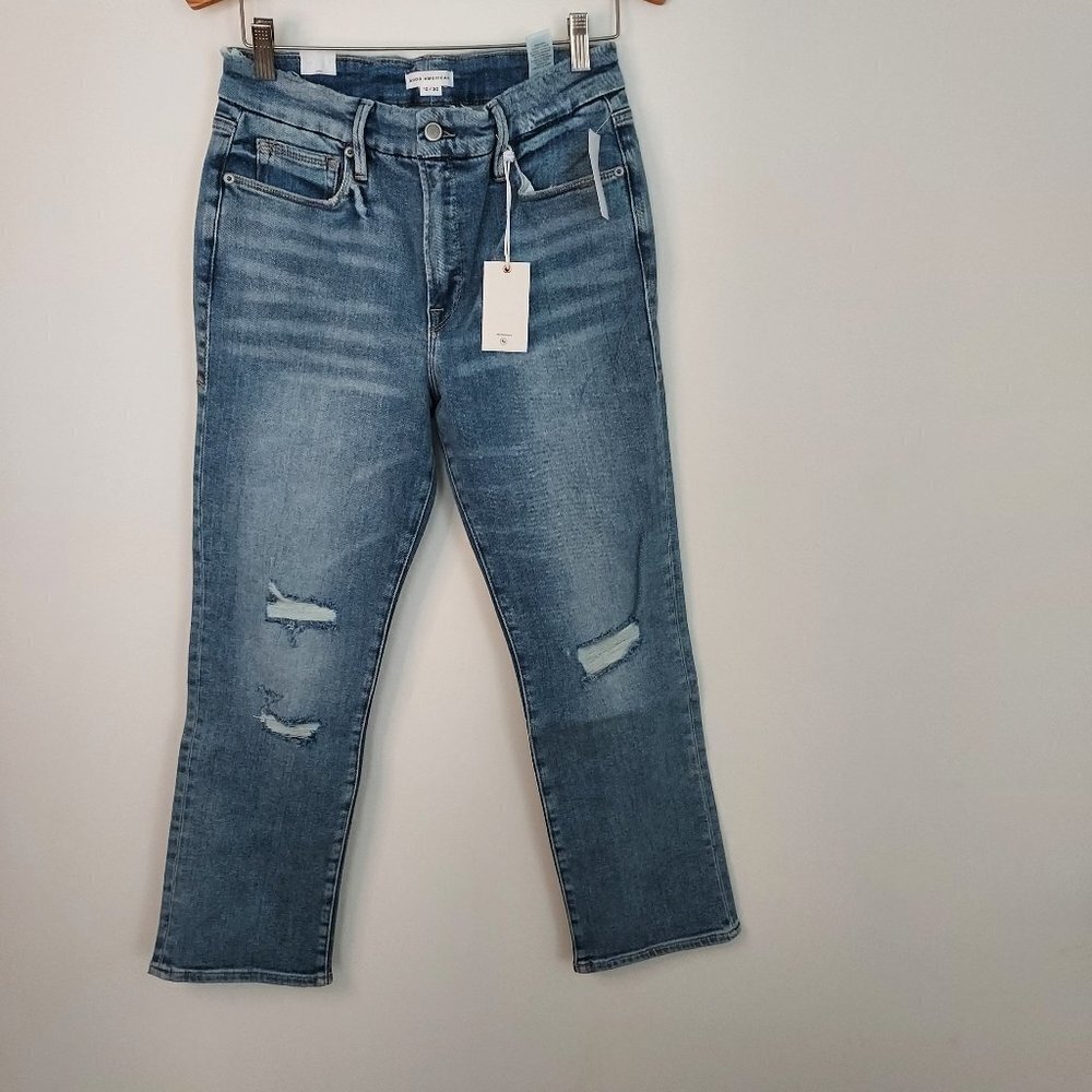 Good American Good Legs Straight Distressed At The Knee Jeans NWT